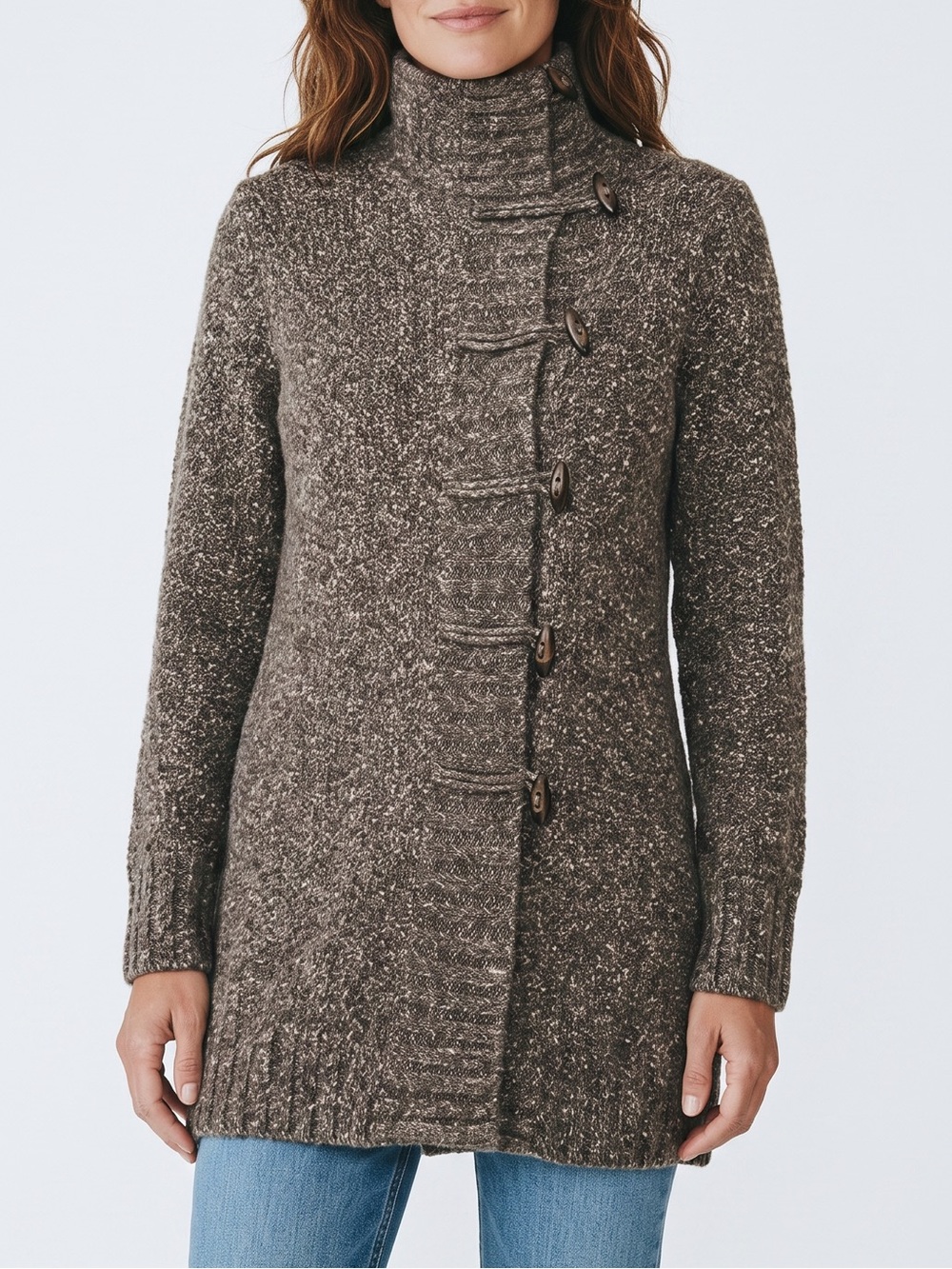 Lolë Brown Heathered Mohair Blend Toggle Cardigan Sweater M Cozy Mountain Chic